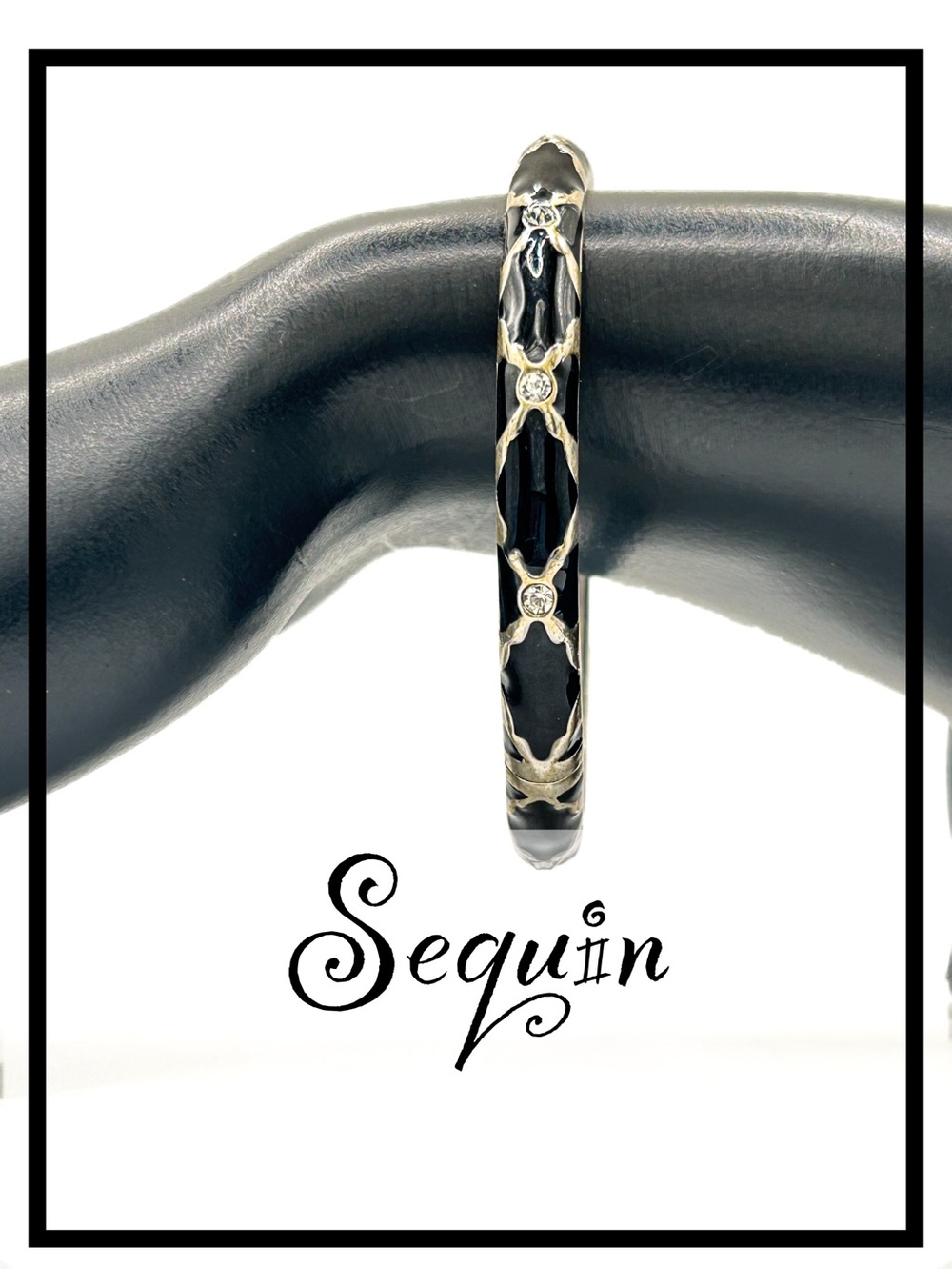 Black Enamel and Goldtone Bangle with Crystal Accents by Sequin NYC